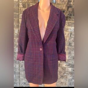 Leslie Fay Wool Blend Plaid Blazer Coat Burgundy Size 8 Vintage Style